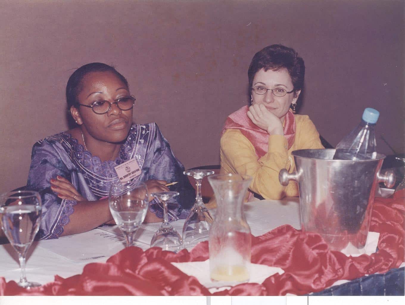 Cesnabmihilo Dorothy Aken'Ova and Françoise Girard, the Current President of the International Women's Health Coalition (IWHC) at an AMANITARE event; Sheraton Hotel, Abuja, Nigeria; in the Year 2000.